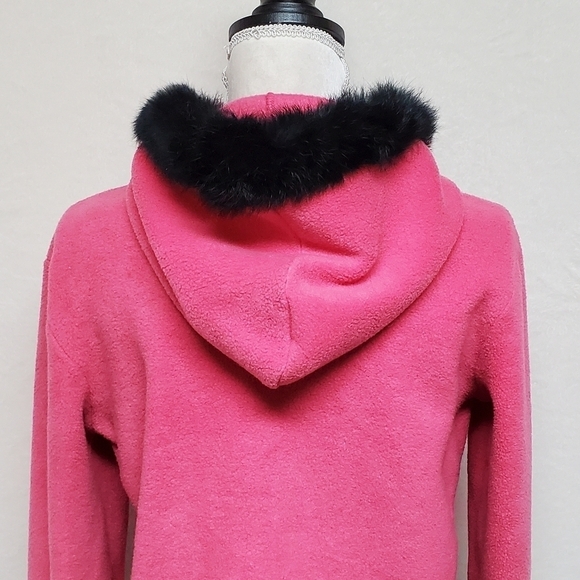 VINTAGE OOAK Upcycled Hot Pink Fleece Black Rabbit Fur Trim Full-zip Cardigan - Picture 12 of 16